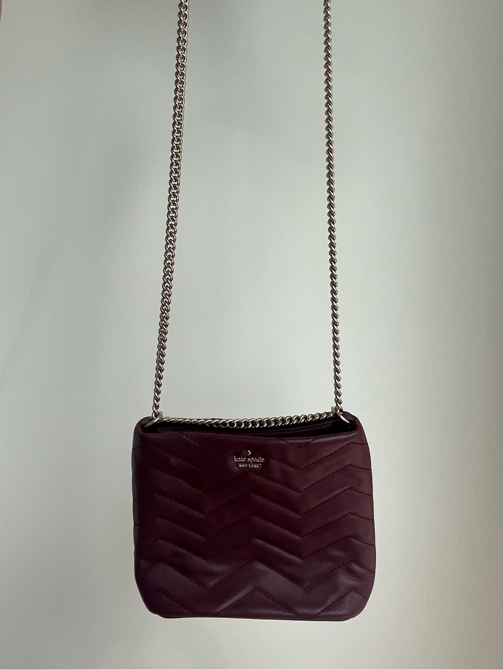 Kate Spade Quilted Leather Crossbody Bag in Plum with Silver Chain